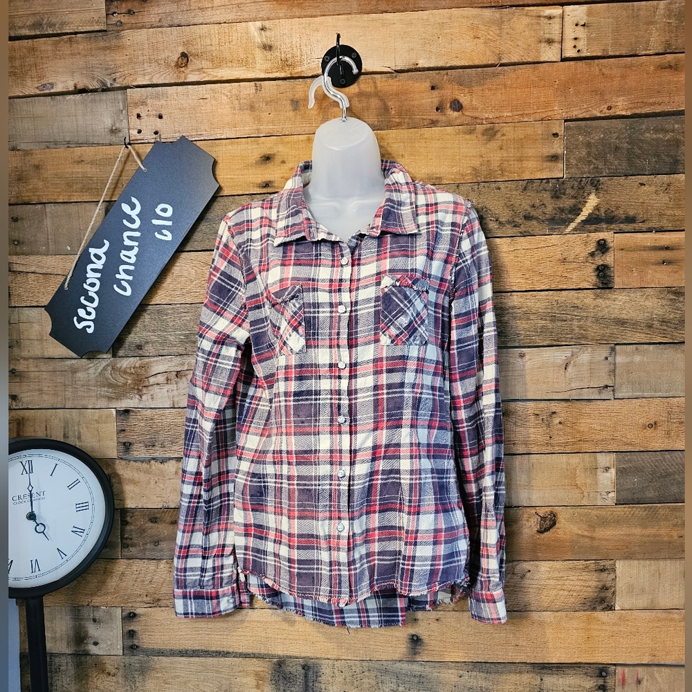 White Crow Women's Anthropologie Crochet Back Plaid Flannel Button snap Top Sz L